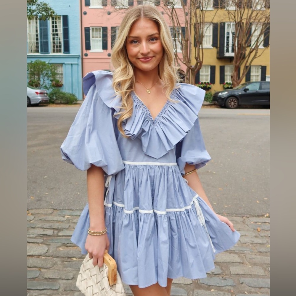 Vestique Ruffled Blue Dress with Puff Sleeves Size Small